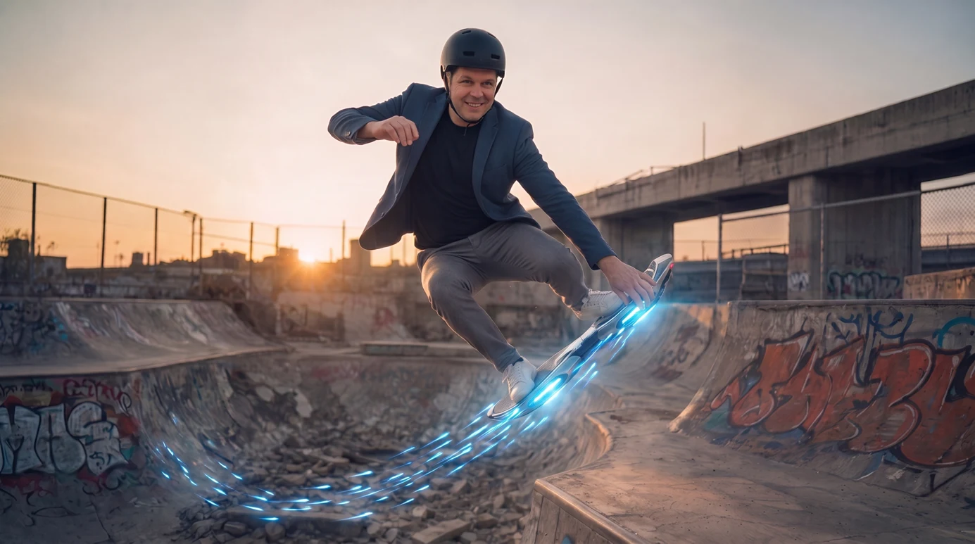 Hoverboard-Motiv mit Helm und leuchtender Gleitspur
