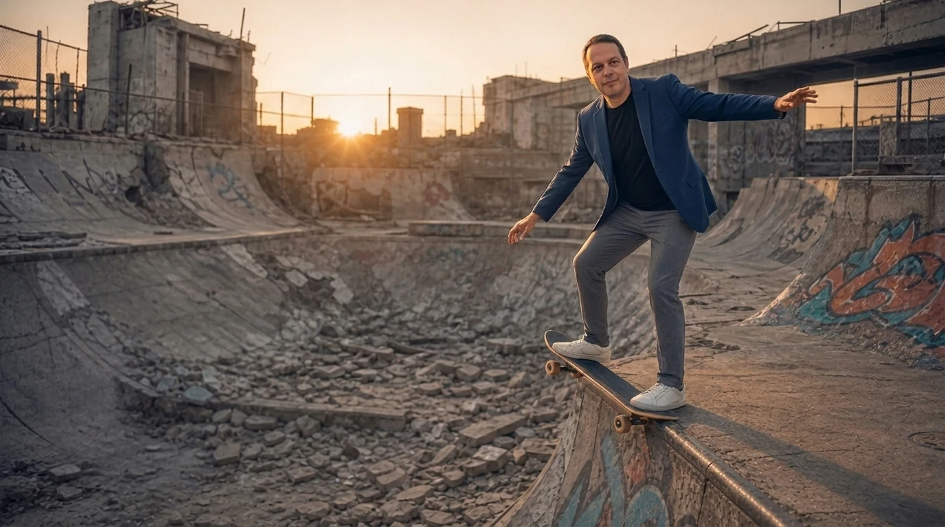 Erstes Skateboard-Motiv in einer beschädigten Halfpipe