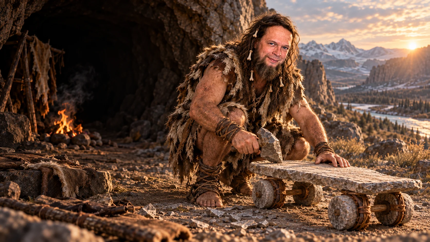 Maik in einer Steinzeitlandschaft mit einem hölzernen Board